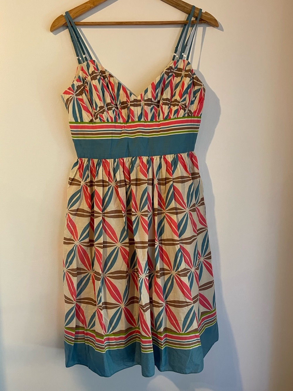 Retro Geometric Starburst Sundress Pleated Empire Waist Double Strap Cotton S